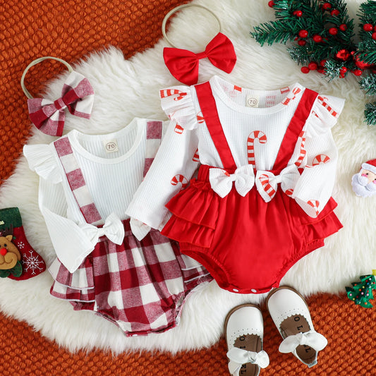 Citgeett Autumn Christmas Infant Baby Girls Bodysuit Set Long Sleeve Cartoon Plaid Jumpsuit + Headband Xmas Fall Clothes