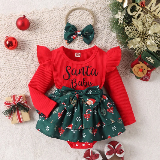 2023-07-29 Lioraitiin 0-18M Newborn Baby Girls Christmas Bodysuit Dress Long Sleeve Letter Santa Hat Print Romper with Headband