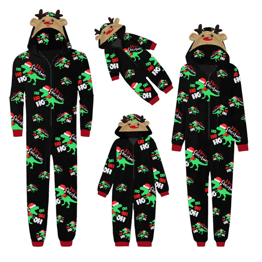 Christmas Family Matching Pajamas Cozy Long Sleeve Hooded Reindeer Print Zipper Closure Loungewear Set for the Whole Family