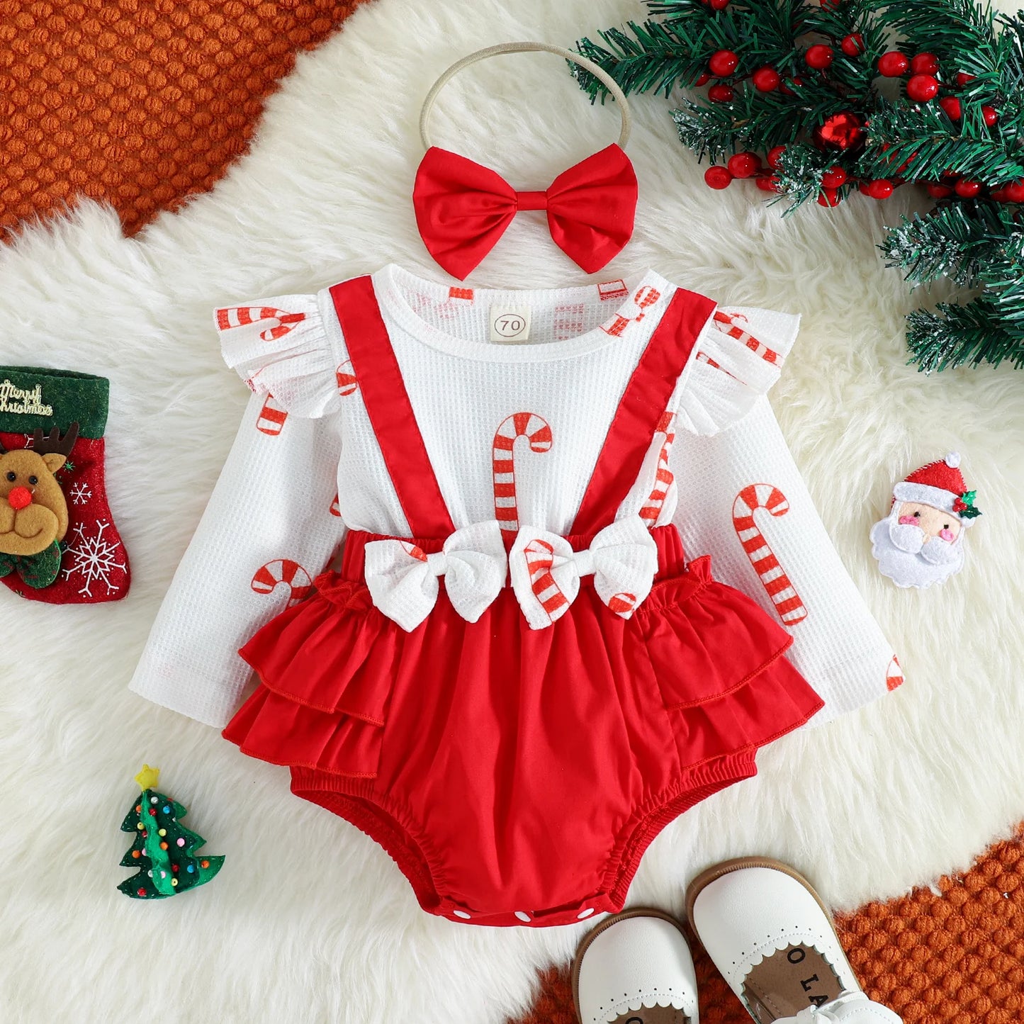 Citgeett Autumn Christmas Infant Baby Girls Bodysuit Set Long Sleeve Cartoon Plaid Jumpsuit + Headband Xmas Fall Clothes