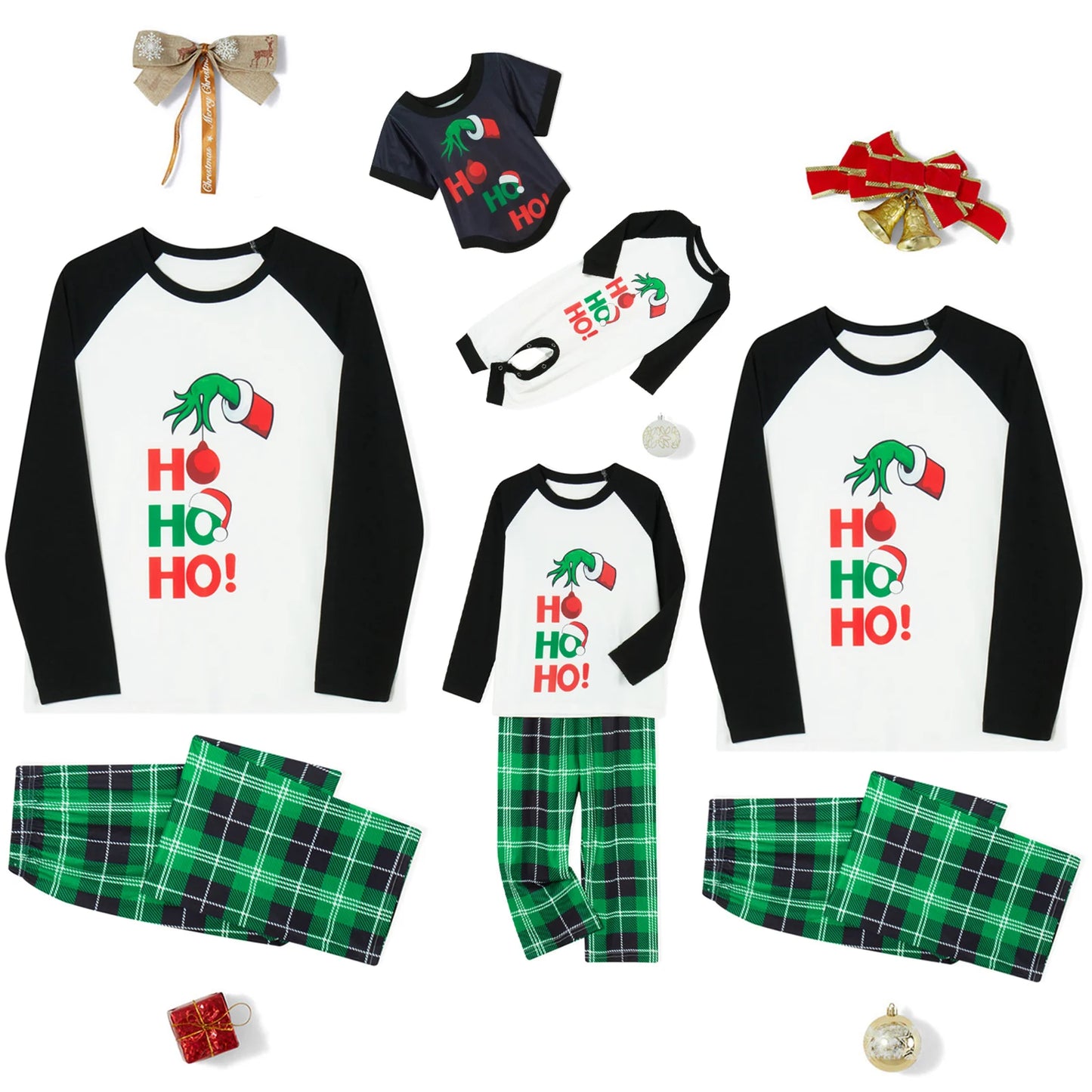 Xmas Family Matching Pajamas Set with Cute Cartoon Print Tops and Cozy Plaid Pants for Christmas Loungewear