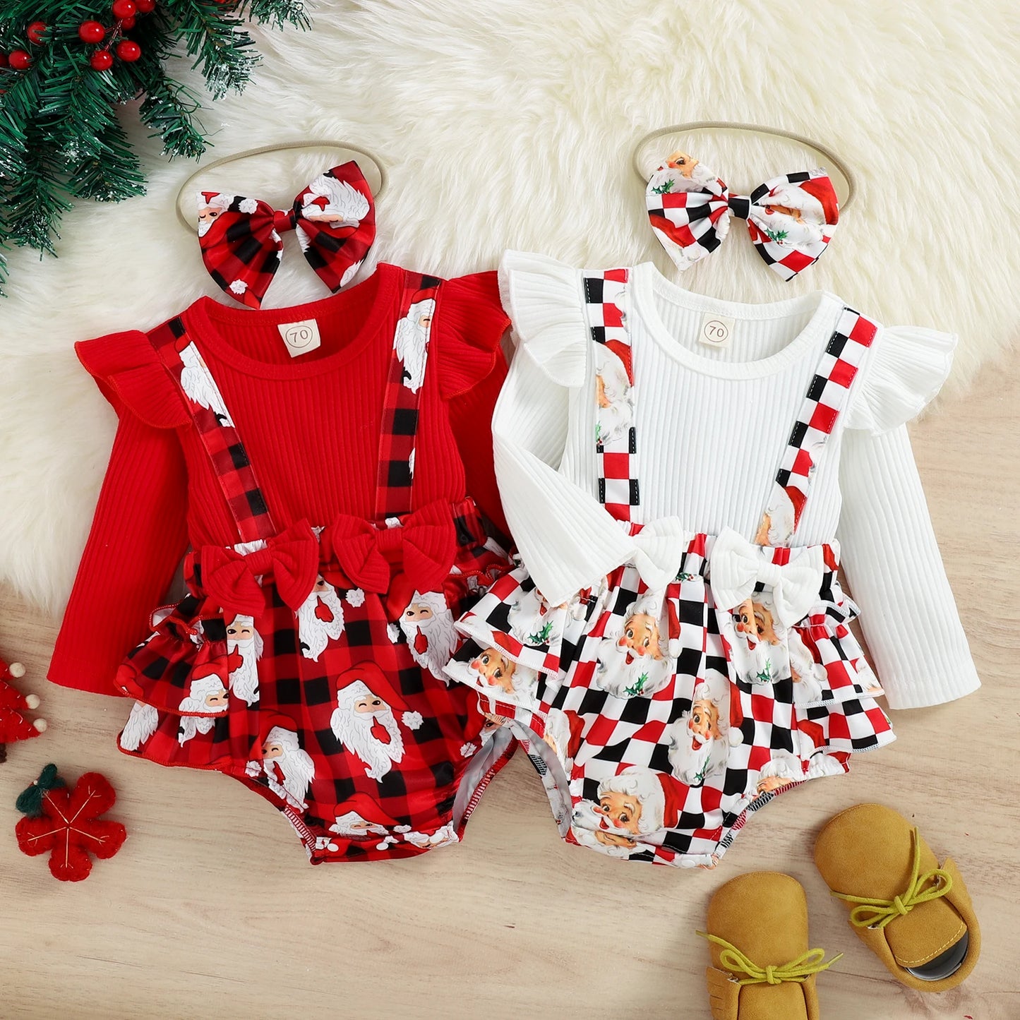 Citgeett Autumn Christmas Infant Baby Girls Bodysuit Set Long Sleeve Cartoon Plaid Jumpsuit + Headband Xmas Fall Clothes