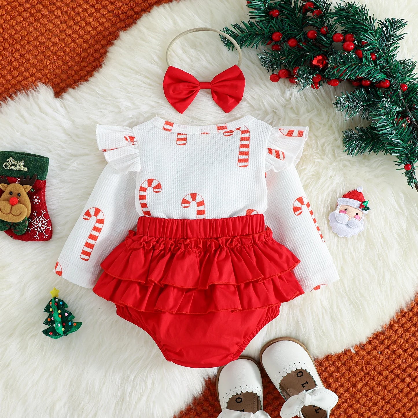 Citgeett Autumn Christmas Infant Baby Girls Bodysuit Set Long Sleeve Cartoon Plaid Jumpsuit + Headband Xmas Fall Clothes