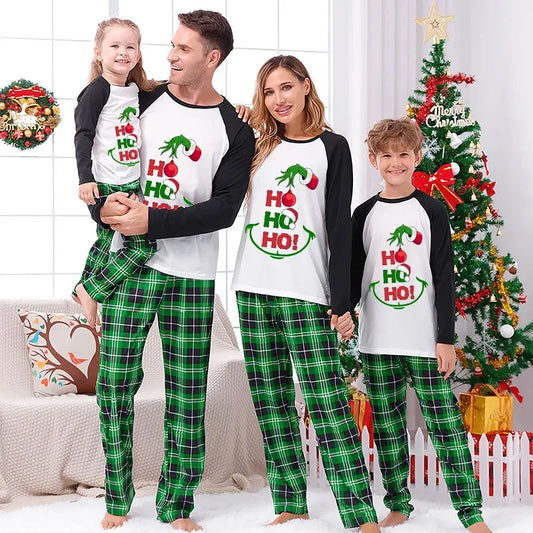 Xmas Family Matching Pajamas Set with Cute Cartoon Print Tops and Cozy Plaid Pants for Christmas Loungewear